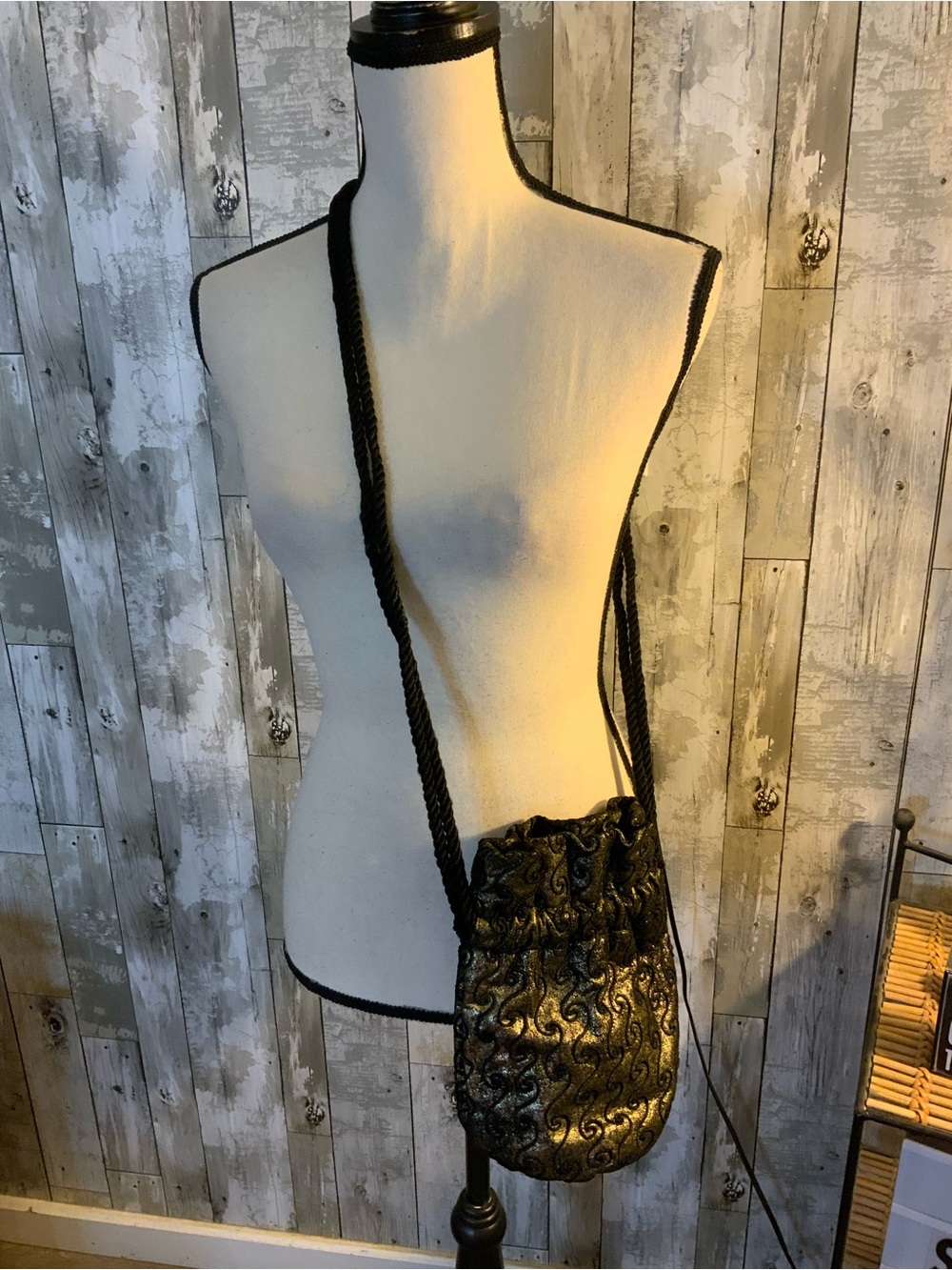 Unk Black Metallic Embossed Drawstring Crossbody Bag